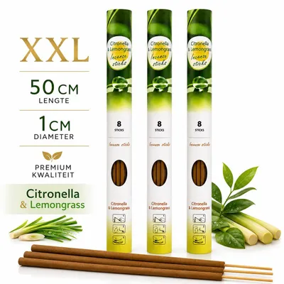 Image de Bâtonnets d'encens à la citronnelle et à la citronnelle thaïlandaise – Lot de 3 (24 bâtonnets de 20 cm chacun) – Éloigne les moustiques – Bâtonnets d'encens de jardin pour la terrasse, le balcon et le camping