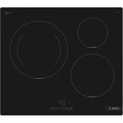 A top-down view of a black induction cooktop with three heating elements and touch controls.