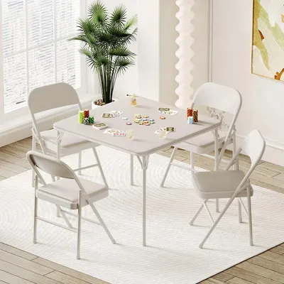 Produktbild von Klappbarer Esstisch - Faltbarer Eventtisch - Metallgestell - Kunstleder Tischplatte - Quadratischer Indoor- und Gartentisch - Beige