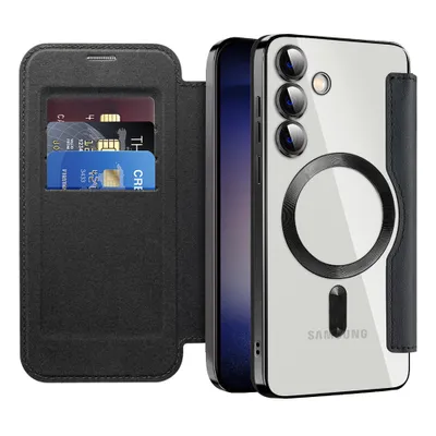 A black flip case with card slots is open, revealing credit cards, and a clear phone case with a magnetic ring is attached to a phone.