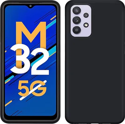 A black phone case is shown next to a smartphone displaying "M 32 5G".