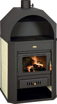 A freestanding wood-burning stove with a black hood and cream-colored side panels.