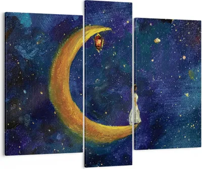 Produktbild von Bild auf Leinwand - Leinwandbild - 3 Teile - Mädchen auf der Mond - 95x80cm - Wand Bild - Wanddeko - Wandbilder - Leinwanddruck - Bilder - Wanddekoration - Leinwand bilder - Wandbild - CB95x80-4575