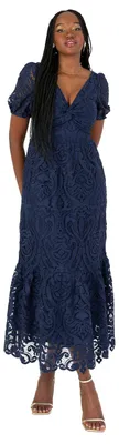 Productafbeelding van Maya Deluxe dames midi-jurk, model met V-hals, korte pofmouwen en een getwiste voorkant, versierd met kant
