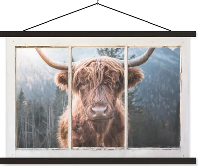 Produktbild von MuchoWow® Textilposter Hochlandrind - Berg - Aussicht 150x100 cm mit schwarzem Rahmen - Schlafzimmer