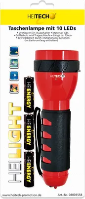 Produktbild von Rote Taschenlampe mit 10 LEDs, drehbarem Schalter und Trageschlaufe, ca. 19 cm