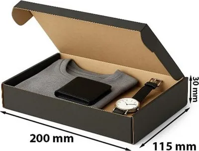 Zdjęcie produktu dla Czarny Karton Wykrojnikowy Pudełko Kartonowe Kartonik 200x115x30 mm niskie fasonowe opakowanie