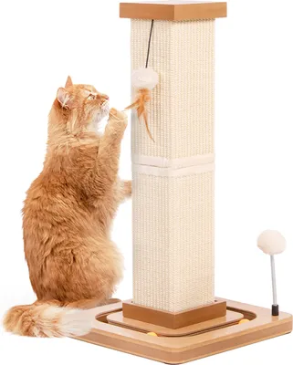 Produktbild von Kratzstamm Karlo · Kratzsäule (Ø14 cm) mit Spielschiene · Beige · ca. 33 x 33 x 67 cm