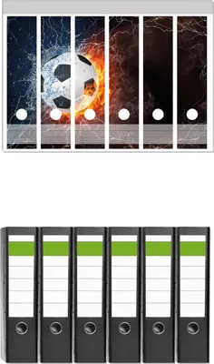 Produktbild von Wallario 6 Stück breite Ordner inkl. Klebeetiketten mit Motive Fußball - Feuer und Wasser -  Set mit Rückenschildern / Ordnerrücken Stickern