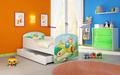 Image de ACMA I Lit d'adolescent Lit d'enfant Lit junior Set complet avec matelas Sommier à lattes Blanc 29 Avion 160x80 + coffre de lit