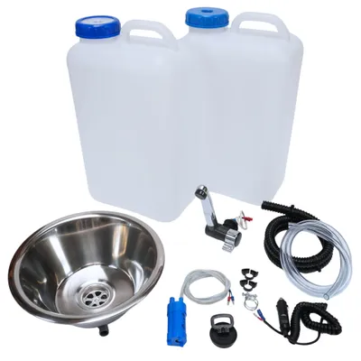 Produktbild von 12V Camping Spüle rund 28cm Bausatz mit 19L Kanister Spülbecken Waschbecken Set