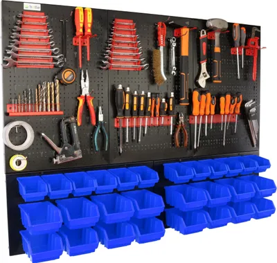 Produktbild von botle® Werkzeugwand Lochwand aus Metall, Stapelboxen + Wandregal + Werkzeughalter 55-tlg Set, Kleinteilelager,  Wandwerkstatt mit 28 stapelbaren Blau Behältern, Hängeregal Sortierregal