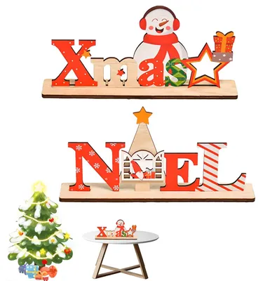 Image de Décoration de Noël à suspendre en bois - 22 x 10 cm - Rouge et blanc - Père Noël et bonhomme de neige