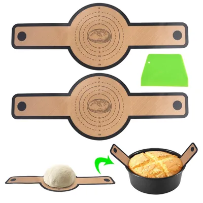 Image de Tapis de cuisson en silicone en deux parties pour gratins, tapis de cuisson réutilisable pour pain avec longues poignées, revêtement antiadhésif, tapis de cuisson pour pain, moule à pain rond avec emporte-pièce, pour moule à pain, four, pâte