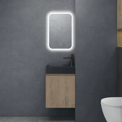 Produktbild von doporro Badezimmerschrank Badmöbel-Set in Eiche Greige 46x26x63cm Waschbeckenunterschrank mit Mineralguss-Waschbecken in matt Anthrazit inkl. LED-Spiegel Pisa02
