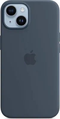 Produktbild von Apple Handyhülle für iPhone 14, Sturmblau Silikon mit MagSafe, Mikrofaser-Innenraum, Seidig Softtouch