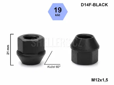Obrázek produktu pro Kolová matice M12x1,5 kuželová otevřená, černá, klíč 19, D14F-BLACK výška 21 mm
