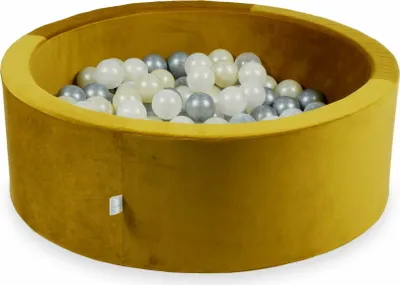 Produktbild von Bällebad 90x30 Samt Gold – Mit 200 Bällen / Silber, Meerjungfraueneffekt, Hellgold, Transparent
