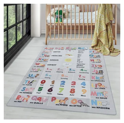 Produktbild von Kurzflor-Kinderteppich mit Buchstaben-, Zahlen- und Jahreszeitenmuster – Grau 160 x 230 cm