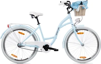Produktbild von Goetze Style 26 Zoll City Bike, 43 cm Tiefeinsteiger, 1-Gang mit Rücktrittbremse hinten & V-Bremse vorne, LED-Beleuchtung, Rattankorb mit Bezug