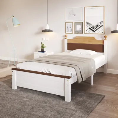 Zdjęcie produktu dla Eleganckie łóżko pojedyncze z sosnową ramą, zagłówkiem z płyty MDF, 15 listew, 90x200cm, białe