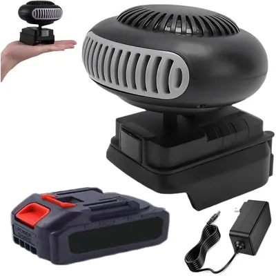 A hand holding a small fan heater, with a battery and charger shown separately.