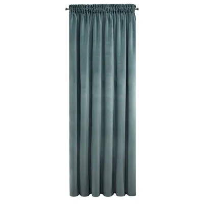 A single teal curtain hanging against a white background.