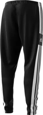 A back view of black Adidas training pants with white stripes.