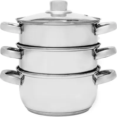 Produktbild von FLORINA DIVAPORE 4-teiliges Dampfgarer-Set I Edelstahl 3-Etagen Dampfkocher I Kochtopf und 2 Dampfgarer mit Glasdeckel I Gardampfkochtopf I Ideal für Induktionsherd, Gasherd und Elektroherd