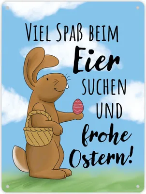 Produktbild von Eier suchen und frohe Ostern Metallschild XL in 21x28 cm mit niedlichem Hasen