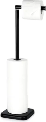 A black toilet paper holder with two rolls of toilet paper on a white background.
