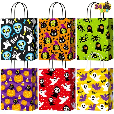 Produktbild von JOYIN 24 Stück Halloween-Papiertüten mit Griffen in 6 Designs für Halloween Süßes oder Leckereien, bunte Süßigkeitentüten für Partygeschenke, Partyzubehör
