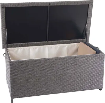 Produktbild von Poly-Rattan Kissenbox HWC-D88, Gartentruhe Auflagenbox Truhe  Premium grau, 51x115x59cm 250l