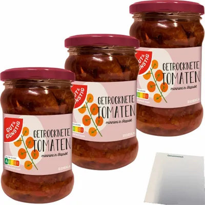 Produktbild von Gut & Günstig Getrocknete Tomaten marinierte Tomaten sonnengetrocknet in Rapsöl eingelegt 3er Pack (3x280g Glas)  + usy Block