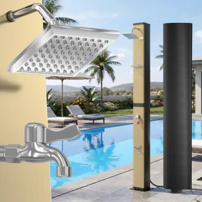 Image de Douche solaire carrée UISEBRT dorée et noire, capacité de 40 l, pomme de douche pivotante à 360° pour le jardin, la piscine et le camping