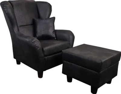 Produktbild von Ohrensessel mit Hocker Landhaus Polster-TV-Lesesessel Lederoptik Vintage Schwarz / 18007