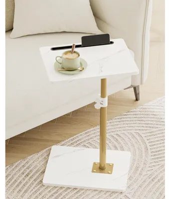Image de Table d'appoint en forme de C, pivotante à 360°, réglable en hauteur, dimensions 40x30x(45-81) cm, couleur blanche et dorée