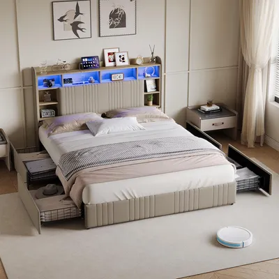 Image de Lit en lin beige UnboxG 160 x 200 cm avec 4 tiroirs, tête de lit avec éclairage LED RGB et station de recharge, lit rembourré moderne avec espace de rangement pour chambre à coucher