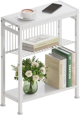 Productafbeelding van Unyqoos® Compacte, ruimtebesparende bijzettafel met 3 plateaus en een tijdschriftrek in L-vorm, metaal, wit, 18 x 43 x 56,5 cm