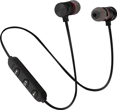 A pair of black wireless sport headphones with a control unit on the cord.