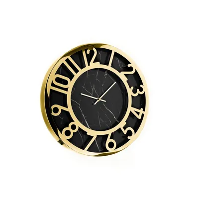 Produktbild von Almina elegante Wanduhr mit Marmormuster in Schwarz/Gold 60 cm mit Ziffern