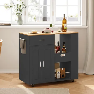 Produktbild von Kücheninsel mit Arbeitsplatte Rollbarer Küchenwagen & Servierwagen mit Schublade Freistehende Kücheninsel auf Rollen für Küche, Esszimmer & Outdoor Schwarz B102 x H92 x T46 cm