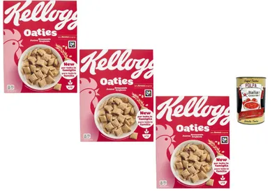 Produktbild von Kelloggs Italian Gourmet Bundle 3x Oaties Knusprige Haferkissen Frühstückscerealien 360g + Italian Gourmet Polpa Gratis, knuspriges Getreidekissen Frühstück mit 59% Vollkornhafer, Ballaststoffquelle, Vitamin D