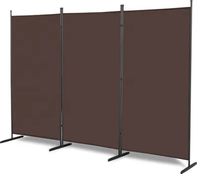 A three-panel room divider with black metal frames and brown fabric panels, standing on black feet.