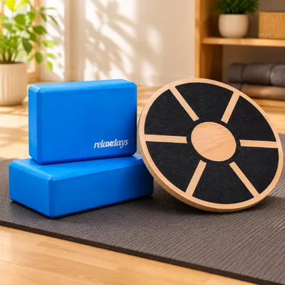 Productafbeelding van Set voor thuisoefeningen voor balans en yoga (2-delig) – yoga blokken van hoogwaardig schuim en een rond balansbord