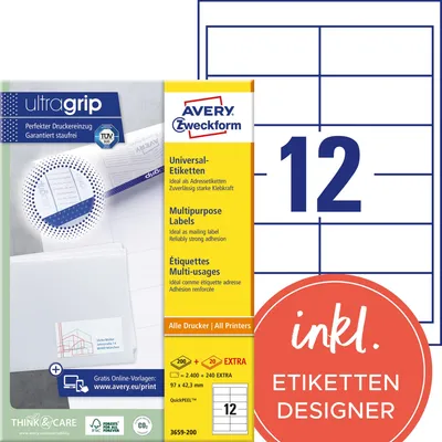 Immagine prodotto di Avery Zweckform 3659 - Etichette - bianco - 42,3 x 97 mm - 2400 etichette (200 fogli x 12) (3659-200)