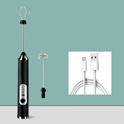 Produktbild von Milchaufschäumer mit 2 Köpfen Kaffee Schneebesen USB Wiederaufladbar 3 Geschwindigkeiten Schaum Mixer Elektrische Mini Mixer Milchschäumer schwarz