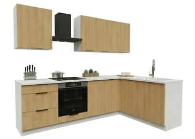 Produktbild von Eckküche - 260x170 cm - Hicora-Eiche - 8 Küchenschränke - mit weißer Arbeitsplatte - moderne Küchenmöbel-Set - BONO