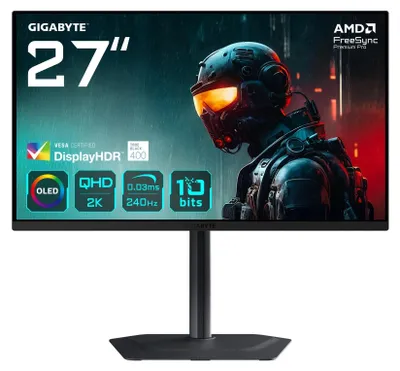 A marketing image for a GIGABYTE 27-inch gaming monitor, showcasing its features.