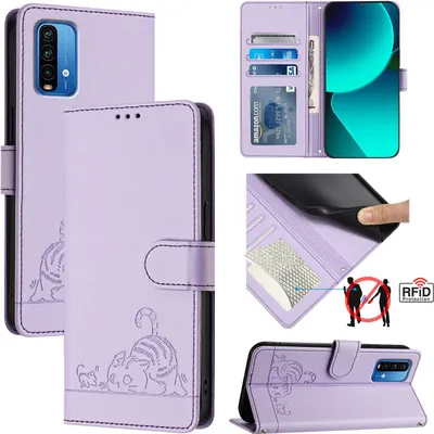Produktbild von Leder Hülle für Xiaomi Redmi Note 9 4G Süße Katze Flip Case Brieftasche Schutzhülle mit Standfunktion Lila